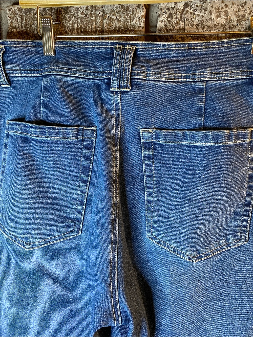Dex Wide Leg Flare Jeans in Medium Blue Denim with Raw Hem - Picture 7 of 8